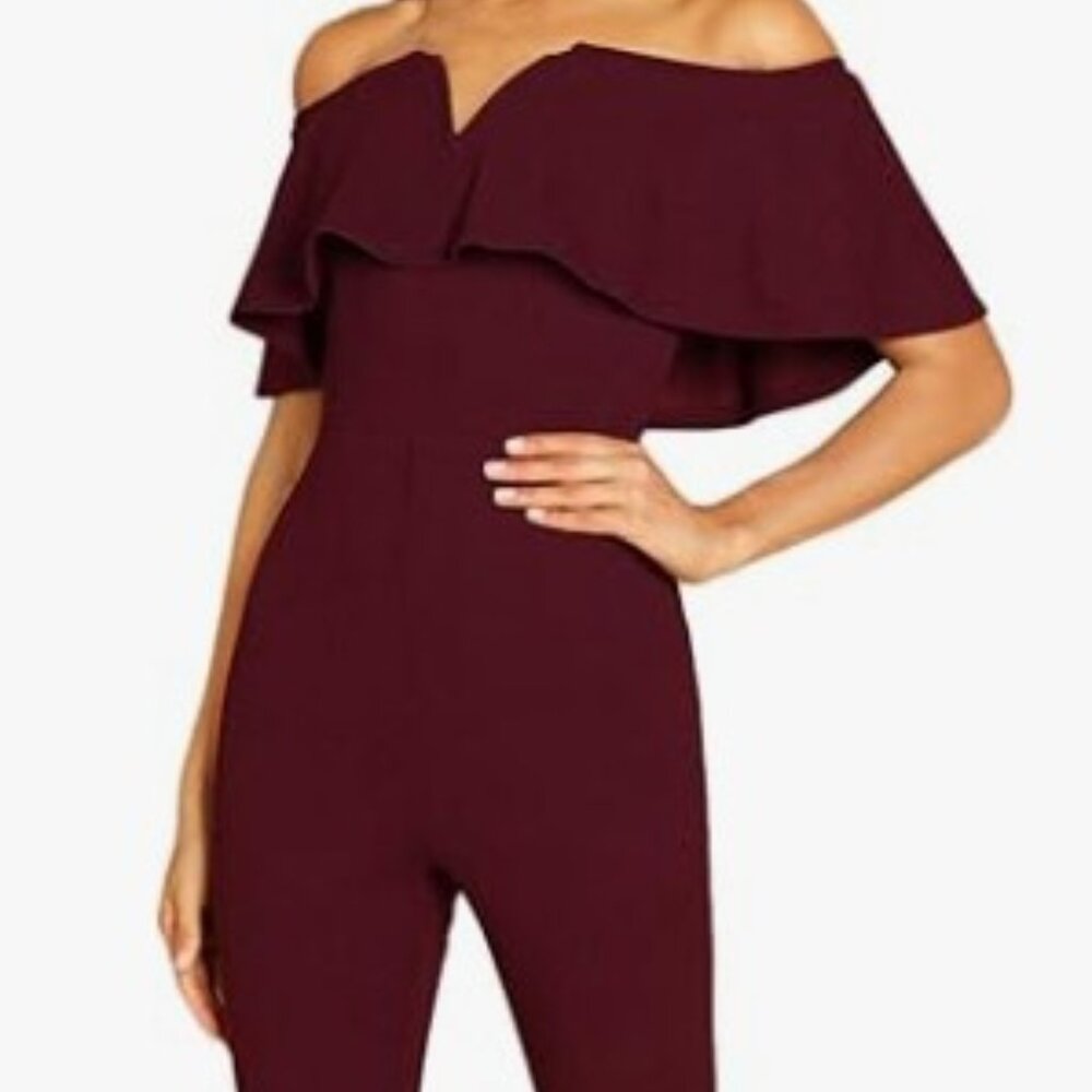 Off Shoulder Ruffle High Waist Cropped Jumpsuit Burgundy